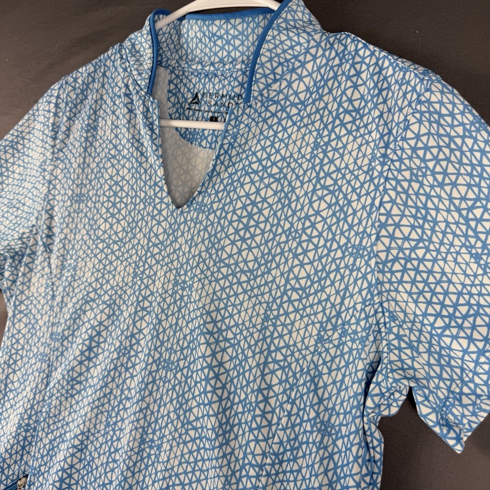 Bermuda Sands Shift Dress Blue White Geometric V-Neck Short Sleeve Jersey S